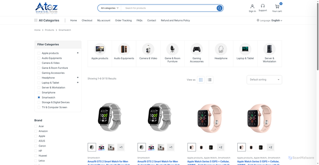 Security scan screenshot of https://atozsurgcialhouse.store/product-category/smartwatch/