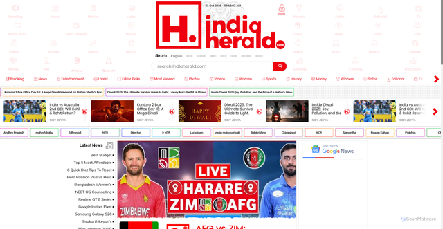 Security scan screenshot of https://www.indiaherald.com/Sports/Read/994776755/AFG-vs-ZIM-Zimbabwe-scored-a-lot-of-runs-against-Afghanistan