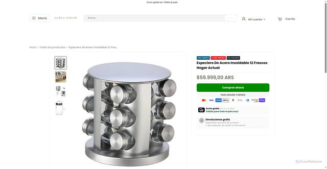 Security scan screenshot of https://aureahogar.shop/products/especiero-de-acero-inoxidable-12-frascos-hogar-actual