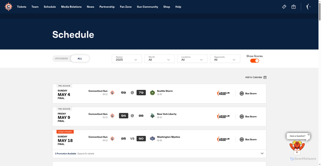 Security scan screenshot of https://sun.wnba.com/schedule