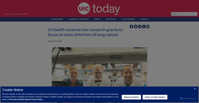 Security scan screenshot of https://today.uic.edu/ui-health-receives-two-research-grants-to-focus-on-early-detection-of-lung-cancer/