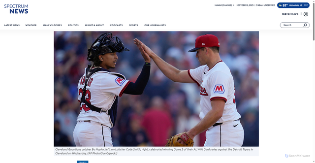 Security scan screenshot of https://spectrumlocalnews.com/hi/hawaii/sports/2025/10/02/hawaii-mlb-wild-card-cade-smith-cleveland-guardians-2025