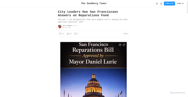 Security scan screenshot of https://ericasandberg.substack.com/p/city-leaders-owe-san-franciscans