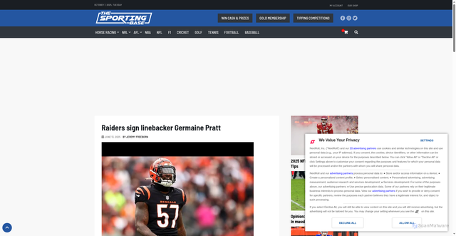 Security scan screenshot of https://thesportingbase.com/raiders-sign-linebacker-germaine-pratt/