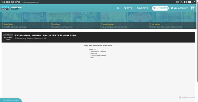 Security scan screenshot of https://www.epicseats.com/tickets/strawberry-stadium/3373338/north-alabama-lions-at-southeastern-louisiana-lions-football-tickets.aspx