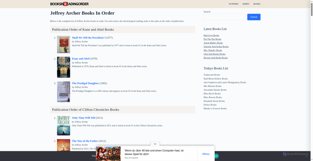 Security scan screenshot of https://booksinreadingorder.com/jeffrey-archer/