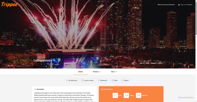 Security scan screenshot of https://trippee.com/listing/lollapalooza/