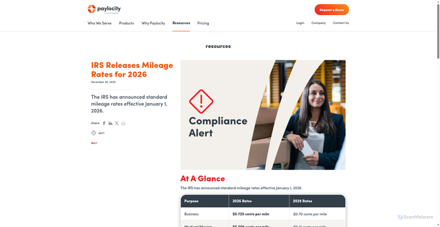 Security scan screenshot of https://www.paylocity.com/resources/tax-compliance/alerts/irs-releases-mileage-rates-for-2026/