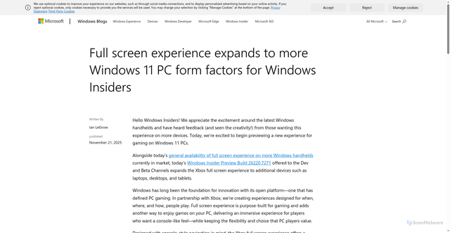 Security scan screenshot of https://blogs.windows.com/windows-insider/2025/11/21/full-screen-experience-expands-to-more-windows-11-pc-form-factors-for-windows-insiders/