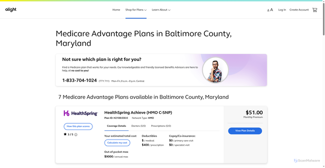 Security scan screenshot of https://retiree.alight.com/find-plans/medicare-advantage-plans-Baltimore-county-Maryland