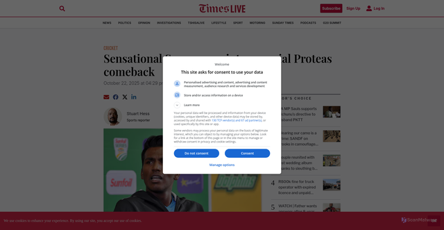 Security scan screenshot of https://www.timeslive.co.za/sport/cricket/2025-10-22-sensational-senuran-scripts-a-special-proteas-comeback/