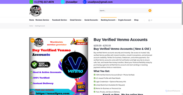 Security scan screenshot of https://usaallpva.com/product/buy-verified-venmo-accounts/