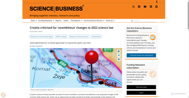 Security scan screenshot of https://sciencebusiness.net/news/research-and-innovation-gap/croatia-criticised-unambitious-changes-2022-science-law