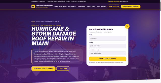 Security scan screenshot of https://miamiroofingflorida.com/storm-damage-roof-repair-miami/