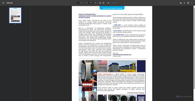 Security scan screenshot of https://wx1.ans.org/advertising/nn/da/pdfstat/index.php?i=100537-holtec_0826.pdf&y=2026-7