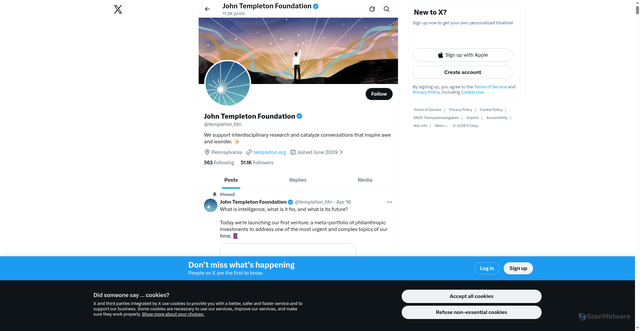 Security scan screenshot of https://x.com/templeton_fdn?utm_source=Receive+News+from+the+John+Templeton+Foundation&utm_campaign=7196514ed1-EMAIL_CAMPAIGN_2026_templetonideas_20260325_COPY_0&utm_medium=email&utm_term=0_-42837b4b08-97355777