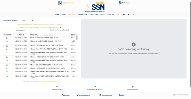 Security scan screenshot of http://www.ssn.unam.mx/english/seismicity/latest-earthquakes/