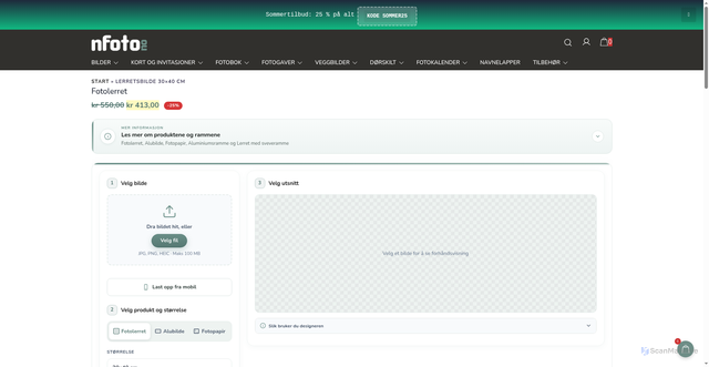 Security scan screenshot of https://nfoto.no/produkter/lerretsbilde-30x40-cm/?utm_source=nfoto.no&utm_campaign=fe2969f9e0-EMAIL_CAMPAIGN_2026_08_16_07_59&utm_medium=email&utm_term=0_d26c6d4588-fe2969f9e0-4832893&mc_cid=fe2969f9e0&mc_eid=UNIQID