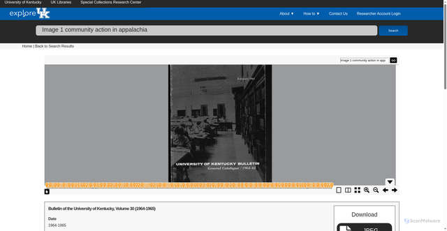 Security scan screenshot of https://exploreuk.uky.edu/catalog/xt712j683m9j?q=Image+1+community+action+in+appalachia&f%5Bdc_language_t%5D%5B%5D=english&f%5Bformat%5D%5B%5D=course+catalogs&f%5Bsource_s%5D%5B%5D=University+of+Kentucky+course+catalogs%2C+1865-&per_page=100