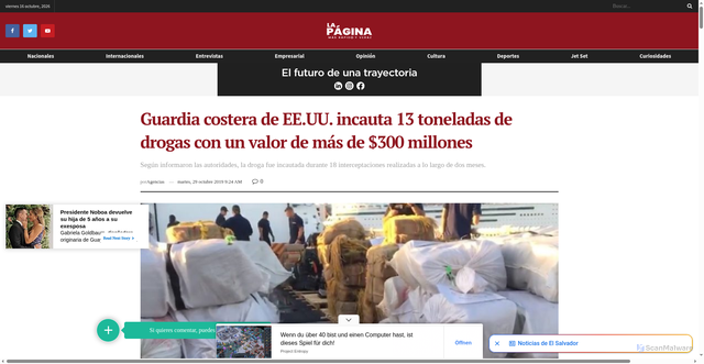 Security scan screenshot of https://lapagina.com.sv/internacionales/guardia-costera-de-ee-uu-incauta-13-toneladas-de-drogas-con-un-valor-de-mas-de-300-millones/