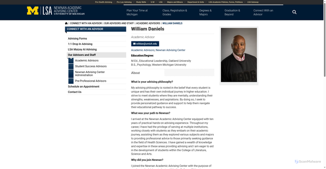 Security scan screenshot of https://lsa.umich.edu/advising/connect-with-an-advisor/our-advisors-and-staff/academic-advisors/william-daniels.html