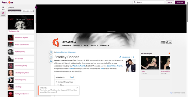Security scan screenshot of https://ladygaga.fandom.com/wiki/Bradley_Cooper