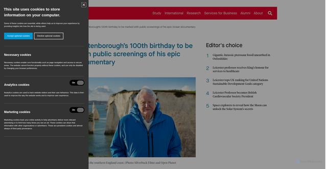 Security scan screenshot of https://le.ac.uk/news/2026/april/sir-david-attenborough-100th-birthday-screenings-ocean-documentary