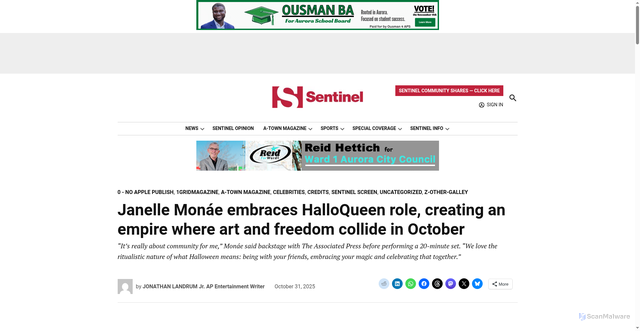 Security scan screenshot of https://sentinelcolorado.com/uncategorized/janelle-monae-embraces-halloqueen-role-creating-an-empire-where-art-and-freedom-collide-in-october/