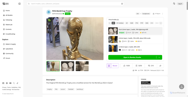 Security scan screenshot of https://makerworld.com/en/models/58302-fifa-world-cup-trophy
