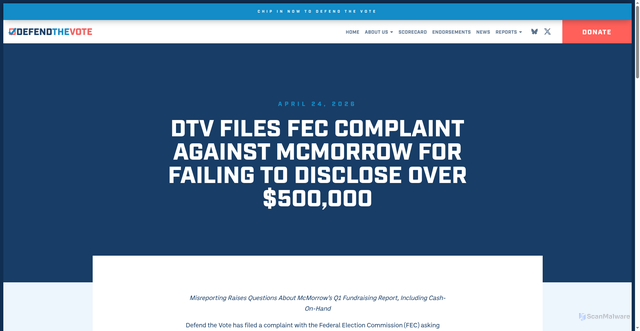 Security scan screenshot of https://wedefendthevote.org/dtv-files-fec-complaint-against-mcmorrow-for-failing-to-disclose-over-500000/