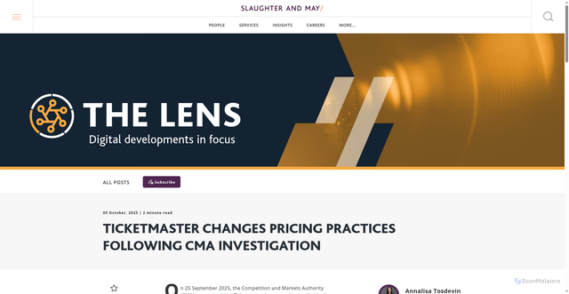 Security scan screenshot of https://thelens.slaughterandmay.com/post/102lpbb/ticketmaster-changes-pricing-practices-following-cma-investigation