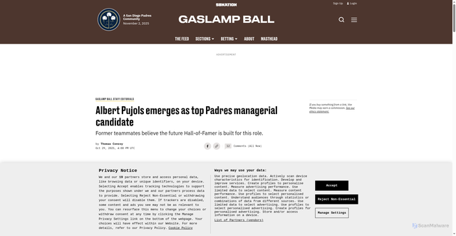 Security scan screenshot of https://www.gaslampball.com/gaslamp-ball-staff-editorials/51176/albert-pujols-emerges-as-top-padres-managerial-candidate
