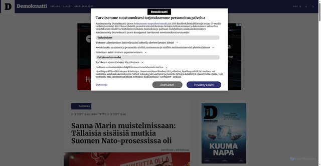 Security scan screenshot of https://demokraatti.fi/sanna-marin-muistelmissaan-tallaisia-sisaisia-mutkia-suomen-nato-prosessissa-oli