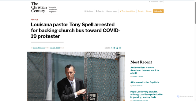Security scan screenshot of https://www.christiancentury.org/people/louisana-pastor-tony-spell-arrested-backing-church-bus-toward-covid-19-protester