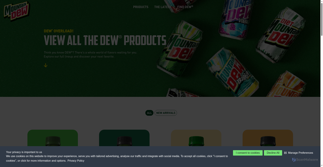 Security scan screenshot of https://www.mountaindew.com/products
