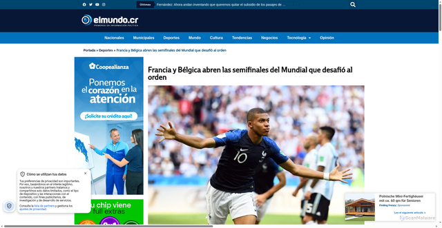 Security scan screenshot of https://elmundo.cr/deportes/francia-y-belgica-abren-las-semifinales-del-mundial-que-desafio-al-orden/
