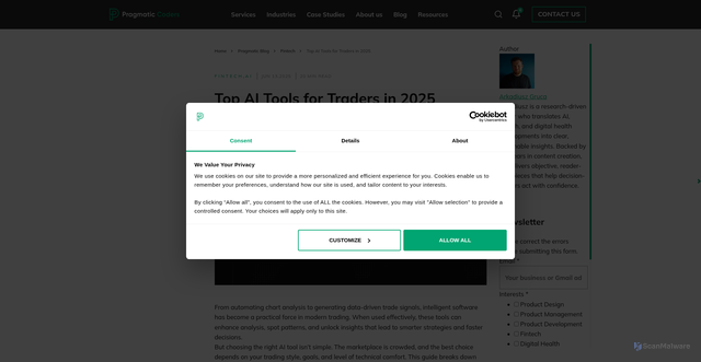 Security scan screenshot of https://www.pragmaticcoders.com/blog/top-ai-tools-for-traders