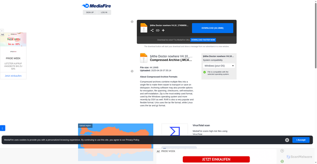 Security scan screenshot of https://www.mediafire.com/file/beuuj44gtbnz7fb/The_Doctor_nowhere_V4.10.mcaddon/file