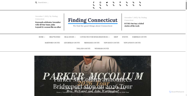 Security scan screenshot of https://findingconnecticut.com/parker-mccollum-announces-bridgeport-stop-on-2026-tour/
