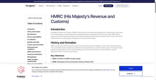 Security scan screenshot of https://www.yunojuno.com/glossary/hmrc-his-majesty-s-revenue-and-customs