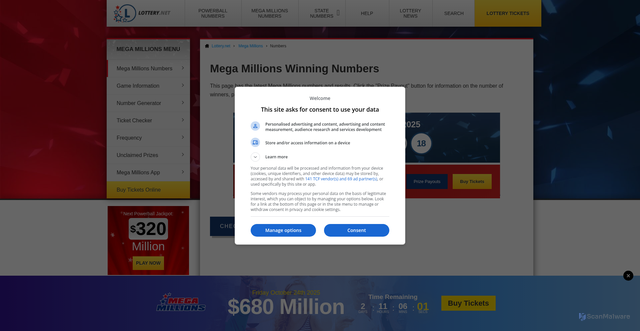 Security scan screenshot of https://www.lottery.net/mega-millions/numbers