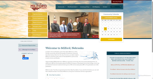 Security scan screenshot of https://milfordne.gov/