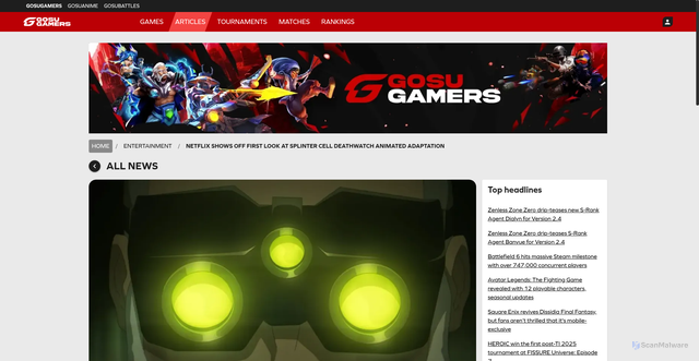 Security scan screenshot of https://www.gosugamers.net/entertainment/news/76944-netflix-shows-off-first-look-at-splinter-cell-deathwatch-animated-adaptation
