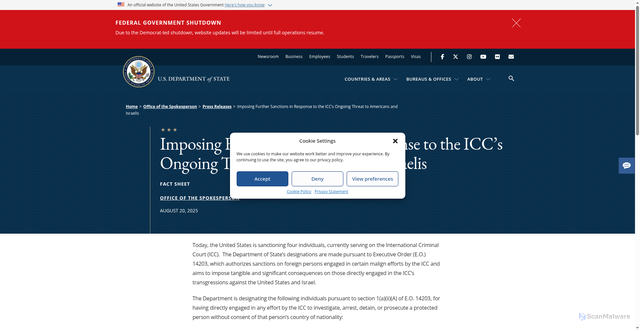 Security scan screenshot of https://www.state.gov/releases/2025/08/imposing-further-sanctions-in-response-to-the-iccs-ongoing-threat-to-americans-and-israelis