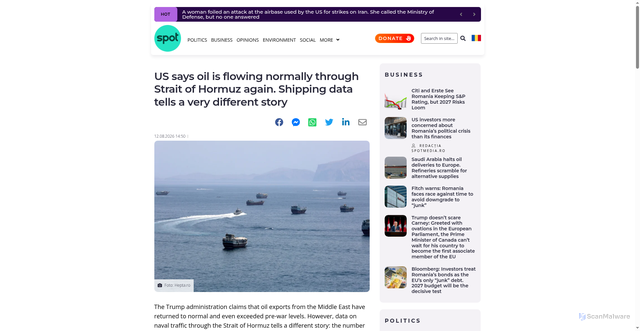 Security scan screenshot of https://spotmedia.ro/en/news/opinions-and-analyses/us-says-oil-is-flowing-normally-through-strait-of-hormuz-again-shipping-data-tells-a-very-different-story