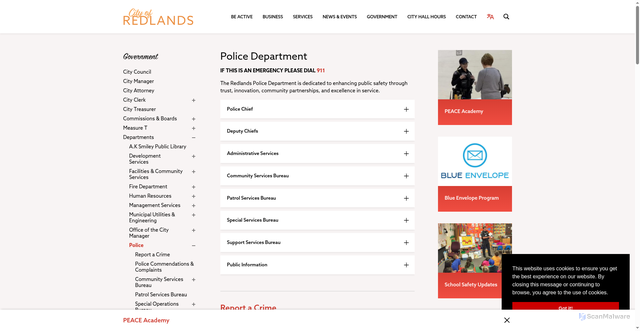 Security scan screenshot of https://www.cityofredlands.org/police
