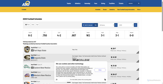 Security scan screenshot of https://angelosports.com/sports/football/schedule/2025