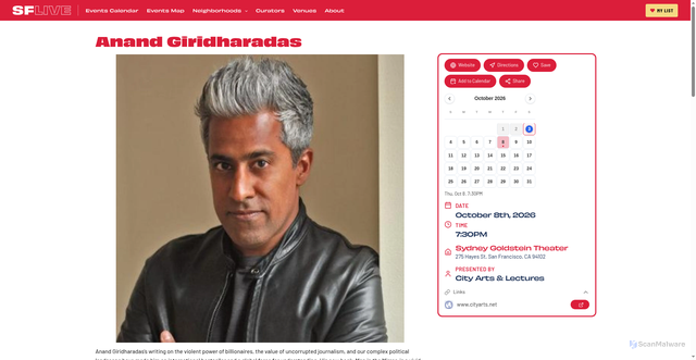 Security scan screenshot of https://sflive.art/event/anand-giridharadas/
