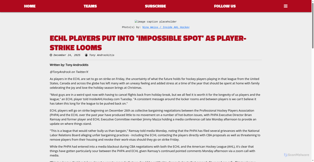 Security scan screenshot of https://insideahlhockey.com/article/echl-players-put-into-impossible-spot-as-player-strike-looms