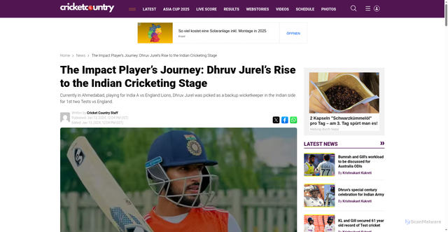 Security scan screenshot of https://www.cricketcountry.com/news/dhruv-jurels-rise-to-the-indian-cricketing-stage-1114888/